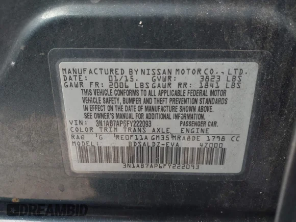 ✅ 2015 Nissan Sentra SV • VIN: 3N1AB7AP6FY222093 • Лот: 43924474. Опубликован ранее на IAAI с пробегом 285 461 миль. Бесплатный доступ к архиву аукционных продаж из США и подробный отчёт об истории автомобиля на DreamBid. Изображение 9.