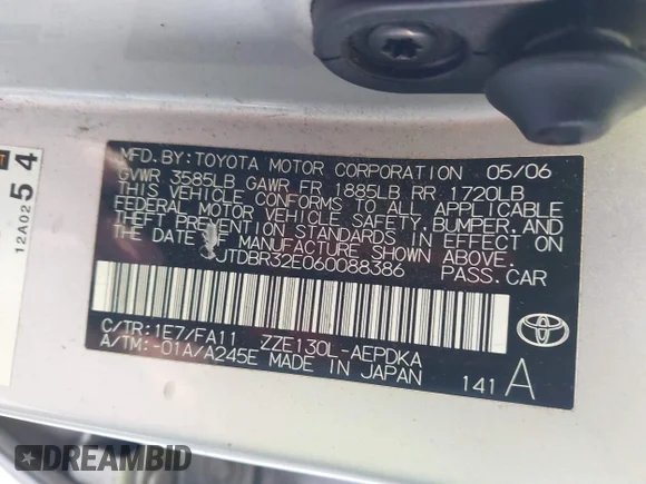 ✅ 2006 Toyota Corolla CE • VIN: JTDBR32E060088386 • Lot: 44196990. Wystawiony na IAAI z przebiegiem 176 942 mil. Bezpłatny archiwum sprzedaży aukcyjnych z USA i szczegółowy raport historii pojazdu na DreamBid. Zdjęcie 9.