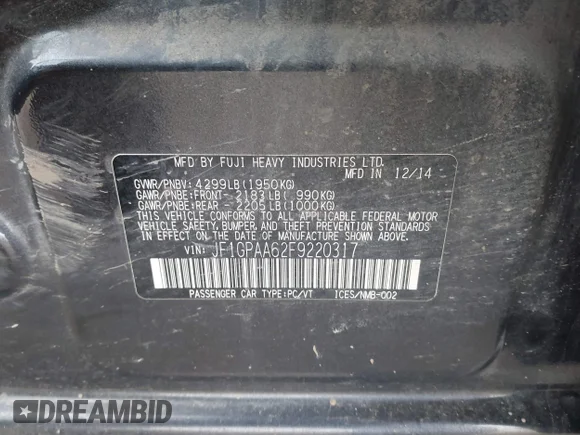 ✅ 2015 Subaru Impreza 2.0i • VIN: JF1GPAA62F9220317 • Lot: 44047111. Listed on IAAI with 172,255 mi. Free auction sales archive from the USA and detailed vehicle history report at DreamBid. Image 9.