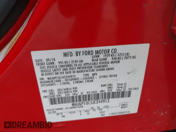 ✅ 2018 Ford EcoSport SE • VIN: MAJ6P1UL5JC244913 • Lot: 44085488. Wystawiony na IAAI z przebiegiem 144 701 mil. Bezpłatny archiwum sprzedaży aukcyjnych z USA i szczegółowy raport historii pojazdu na DreamBid. Zdjęcie 9.