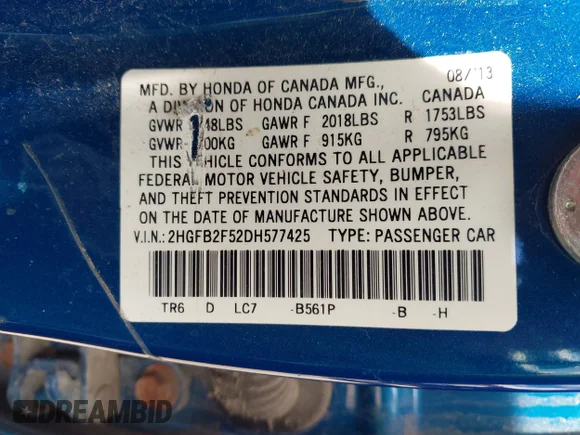 ✅ 2013 Honda Civic LX • VIN: 2HGFB2F52DH577425 • Lot: 45602177. Wystawiony na IAAI z przebiegiem 237 093 mil. Bezpłatny archiwum sprzedaży aukcyjnych z USA i szczegółowy raport historii pojazdu na DreamBid. Zdjęcie 9.