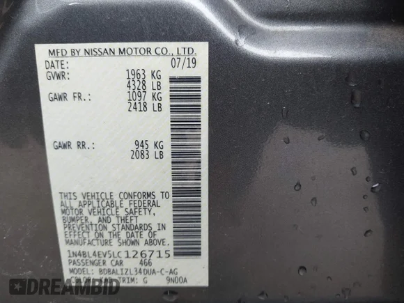 ✅ 2020 Nissan Altima SL • VIN: 1N4BL4EV5LC126715 • Lot: 44143064. Wystawiony na IAAI z przebiegiem 80 151 mil. Bezpłatny archiwum sprzedaży aukcyjnych z USA i szczegółowy raport historii pojazdu na DreamBid. Zdjęcie 9.