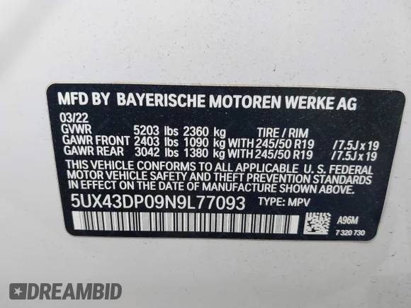 ✅ 2022 BMW X3 sDrive30i • VIN: 5UX43DP09N9L77093 • Лот: 44960632. Опубліковано раніше на IAAI з пробігом 9 845 миль. Безкоштовний доступ до архіву аукціонних продажів зі США та докладний звіт про історію автомобіля на DreamBid. Зображення 9.