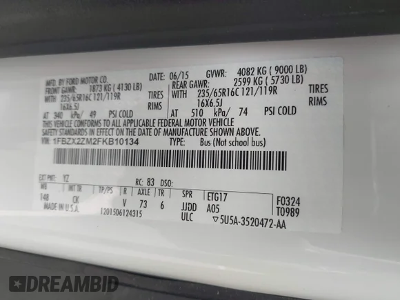 ✅ 2015 Ford Transit XLT • VIN: 1FBZX2ZM2FKB10134 • Lot: 45346679. Listed on IAAI with 18,094 mi. Free auction sales archive from the USA and detailed vehicle history report at DreamBid. Image 9.