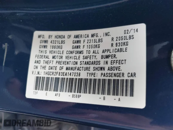 ✅ 2014 Honda Accord EX-L • VIN: 1HGCR2F83EA147038 • Lot: 43561824. Wystawiony na IAAI z przebiegiem 66 787 mil. Bezpłatny archiwum sprzedaży aukcyjnych z USA i szczegółowy raport historii pojazdu na DreamBid. Zdjęcie 9.