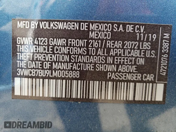 ✅ 2020 Volkswagen Jetta S • VIN: 3VWCB7BU9LM005888 • Lot: 50024142. Wystawiony na Copart z przebiegiem 40 592 mil. Bezpłatny archiwum sprzedaży aukcyjnych z USA i szczegółowy raport historii pojazdu na DreamBid. Zdjęcie 10.