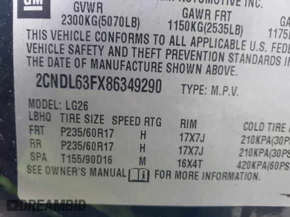 ✅ 2008 Chevrolet Equinox LT • VIN: 2CNDL63FX86349290 • Lot: 43596138. Wystawiony na IAAI z przebiegiem 121 489 mil. Bezpłatny archiwum sprzedaży aukcyjnych z USA i szczegółowy raport historii pojazdu na DreamBid. Zdjęcie 9.