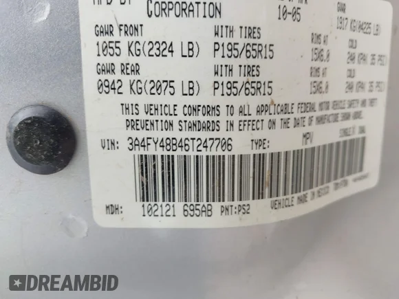 ✅ 2006 Chrysler PT Cruiser • VIN: 3A4FY48B46T247706 • Lot: 42788288. Wystawiony na IAAI z przebiegiem 71 737 mil. Bezpłatny archiwum sprzedaży aukcyjnych z USA i szczegółowy raport historii pojazdu na DreamBid. Zdjęcie 9.