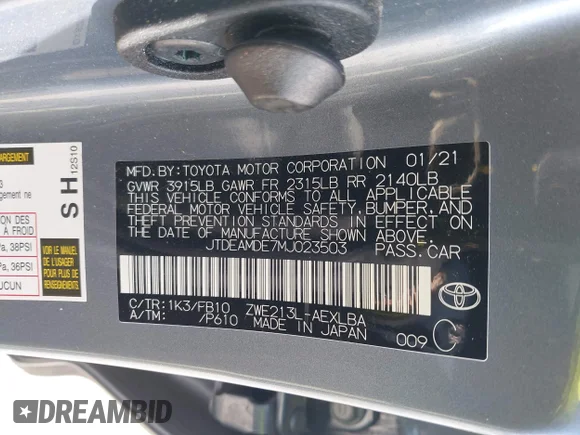 ✅ 2021 Toyota Corolla Hybrid LE • VIN: JTDEAMDE7MJ023503 • Lot: 44219717. Wystawiony na IAAI z przebiegiem 43 372 mil. Bezpłatny archiwum sprzedaży aukcyjnych z USA i szczegółowy raport historii pojazdu na DreamBid. Zdjęcie 9.