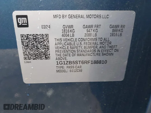✅ 2024 Chevrolet Malibu LS • VIN: 1G1ZB5ST6RF188810 • Lot: 45192399. Listed on IAAI with 24,669 mi. Free auction sales archive from the USA and detailed vehicle history report at DreamBid. Image 9.