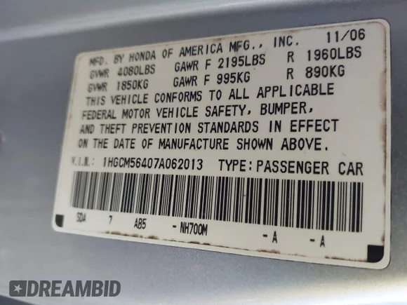 ✅ 2007 Honda Accord LX • VIN: 1HGCM56407A062013 • Lot: 44017421. Listed on IAAI with 213,164 mi. Free auction sales archive from the USA and detailed vehicle history report at DreamBid. Image 9.