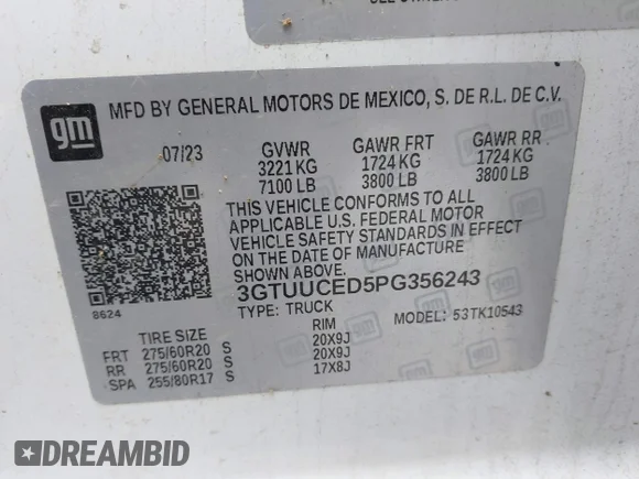 ✅ 2023 GMC Sierra 1500 Elevation • VIN: 3GTUUCED5PG356243 • Lot: 42312425. Wystawiony na IAAI z przebiegiem 27 555 mil. Bezpłatny archiwum sprzedaży aukcyjnych z USA i szczegółowy raport historii pojazdu na DreamBid. Zdjęcie 9.