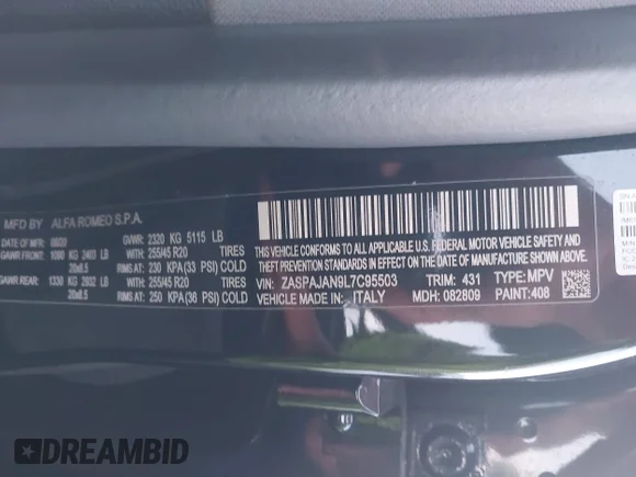 ✅ 2020 Alfa Romeo Stelvio Sport • VIN: ZASPAJAN9L7C95503 • Lot: 43492254. Listed on IAAI with 29,352 mi. Free auction sales archive from the USA and detailed vehicle history report at DreamBid. Image 9.