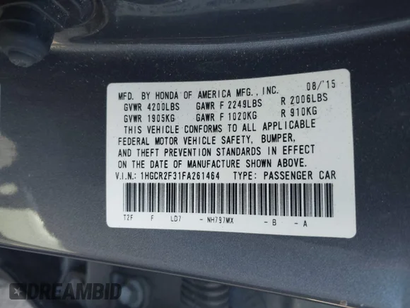 ✅ 2015 Honda Accord LX • VIN: 1HGCR2F31FA261464 • Lot: 43534693. Wystawiony na IAAI z przebiegiem 78 956 mil. Bezpłatny archiwum sprzedaży aukcyjnych z USA i szczegółowy raport historii pojazdu na DreamBid. Zdjęcie 9.