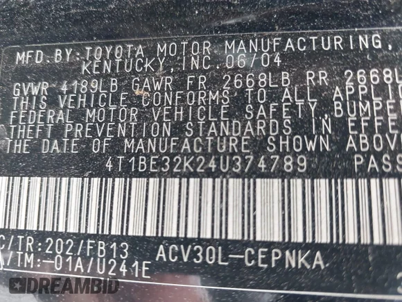 ✅ 2004 Toyota Camry LE • VIN: 4T1BE32K24U374789 • Lot: 45207726. Wystawiony na IAAI z przebiegiem 233 034 mil. Bezpłatny archiwum sprzedaży aukcyjnych z USA i szczegółowy raport historii pojazdu na DreamBid. Zdjęcie 9.