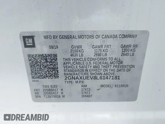 ✅ 2020 Chevrolet Equinox LT • VIN: 2GNAXUEV8L6147181 • Lot: 43702027. Wystawiony na IAAI z przebiegiem 56 183 mil. Bezpłatny archiwum sprzedaży aukcyjnych z USA i szczegółowy raport historii pojazdu na DreamBid. Zdjęcie 9.