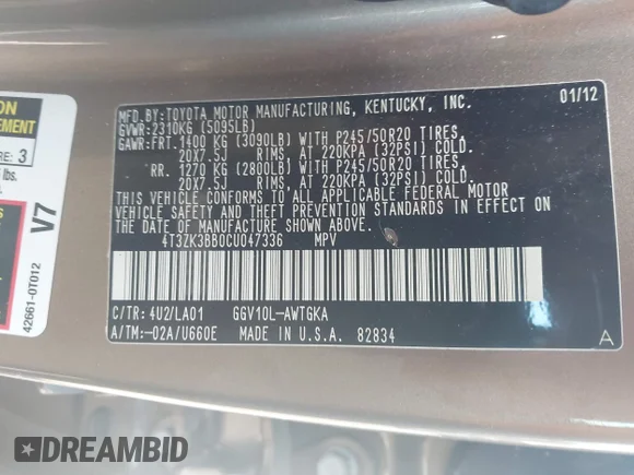 ✅ 2012 Toyota Venza LE • VIN: 4T3ZK3BB0CU047336 • Lot: 45445377. Listed on IAAI with 158,000 mi. Free auction sales archive from the USA and detailed vehicle history report at DreamBid. Image 9.
