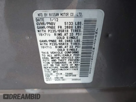 ✅ 2012 Nissan Murano LE • VIN: JN8AZ1MU3CW111029 • Lot: 44074264. Wystawiony na IAAI z przebiegiem 214 198 mil. Bezpłatny archiwum sprzedaży aukcyjnych z USA i szczegółowy raport historii pojazdu na DreamBid. Zdjęcie 9.