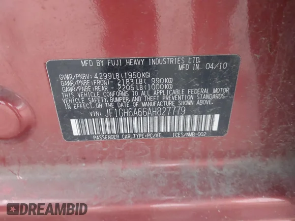 ✅ 2010 Subaru Impreza i • VIN: JF1GH6A66AH827779 • Lot: 43884757. Wystawiony na IAAI z przebiegiem 108 892 mil. Bezpłatny archiwum sprzedaży aukcyjnych z USA i szczegółowy raport historii pojazdu na DreamBid. Zdjęcie 9.