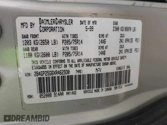 ✅ 1999 Dodge Caravan • VIN: 2B4GP25G6XR462930 • Lot: 41930606. Listed on IAAI with 196,799 mi. Free auction sales archive from the USA and detailed vehicle history report at DreamBid. Image 9.