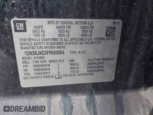 ✅ 2015 Chevrolet Suburban LT • VIN: 1GNSKJKC9FR669864 • Lot: 44138861. Wystawiony na IAAI z przebiegiem 192 346 mil. Bezpłatny archiwum sprzedaży aukcyjnych z USA i szczegółowy raport historii pojazdu na DreamBid. Zdjęcie 9.