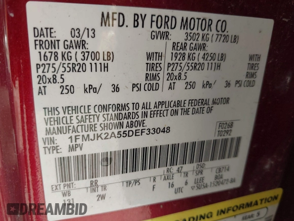 ✅ 2013 Ford Expedition Max Limited • VIN: 1FMJK2A55DEF33048 • Lot: 42388240. Wystawiony na IAAI z przebiegiem 244 265 mil. Bezpłatny archiwum sprzedaży aukcyjnych z USA i szczegółowy raport historii pojazdu na DreamBid. Zdjęcie 9.