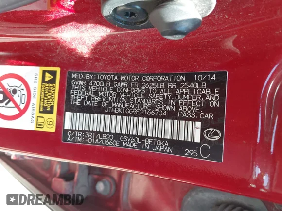 ✅ 2015 Lexus ES 330 • VIN: JTHBK1GG9F2166704 • Lot: 45500249. Listed on IAAI with 190,705 mi. Free auction sales archive from the USA and detailed vehicle history report at DreamBid. Image 9.