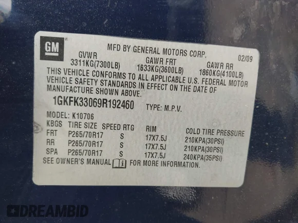 ✅ 2009 GMC Yukon SLT 4SB • VIN: 1GKFK33069R192460 • Lot: 45334289. Listed on IAAI with 149,959 mi. Free auction sales archive from the USA and detailed vehicle history report at DreamBid. Image 9.