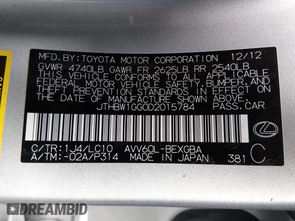 ✅ 2013 Lexus ES 300h • VIN: JTHBW1GG0D2015784 • Lot: 44185967. Wystawiony na IAAI z przebiegiem 129 988 mil. Bezpłatny archiwum sprzedaży aukcyjnych z USA i szczegółowy raport historii pojazdu na DreamBid. Zdjęcie 9.