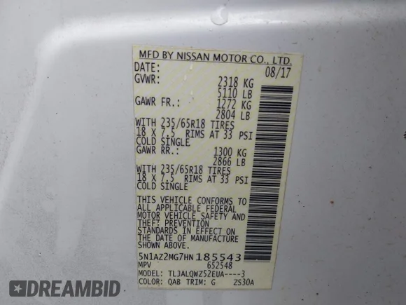 ✅ 2017 Nissan Murano SV • VIN: 5N1AZ2MG7HN185543 • Lot: 43385953. Wystawiony na IAAI z przebiegiem 90 459 mil. Bezpłatny archiwum sprzedaży aukcyjnych z USA i szczegółowy raport historii pojazdu na DreamBid. Zdjęcie 9.