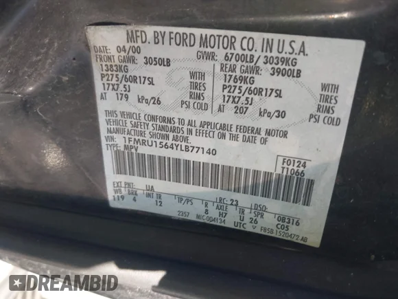 ✅ 2000 Ford Expedition XLT • VIN: 1FMRU1564YLB77140 • Лот: 44285496. Опубліковано раніше на IAAI з пробігом Не вказано. Безкоштовний доступ до архіву аукціонних продажів зі США та докладний звіт про історію автомобіля на DreamBid. Зображення 9.