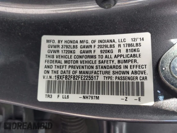 ✅ 2015 Honda Civic EX • VIN: 19XFB2F82FE225517 • Лот: 44072600. Опубликован ранее на IAAI с пробегом 120 776 миль. Бесплатный доступ к архиву аукционных продаж из США и подробный отчёт об истории автомобиля на DreamBid. Изображение 9.
