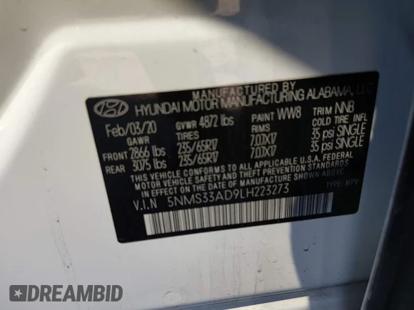 ✅ 2020 Hyundai Santa Fe SEL • VIN: 5NMS33AD9LH223273 • Lot: 44197051. Wystawiony na IAAI z przebiegiem 72 230 mil. Bezpłatny archiwum sprzedaży aukcyjnych z USA i szczegółowy raport historii pojazdu na DreamBid. Zdjęcie 9.