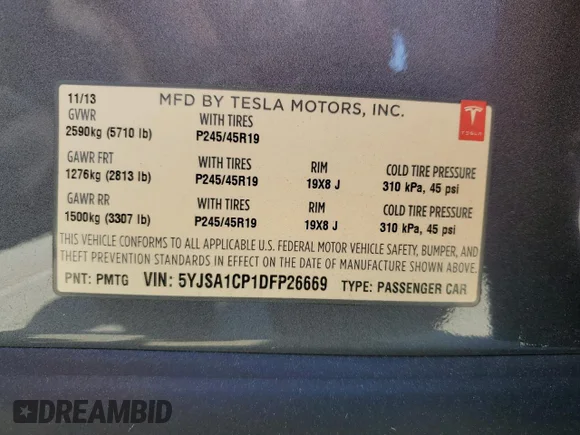 ✅ 2013 Tesla Model S Performance • VIN: 5YJSA1CP1DFP26669 • Lot: 48937084. Listed on Copart with 157,803 mi. Free auction sales archive from the USA and detailed vehicle history report at DreamBid. Image 15.