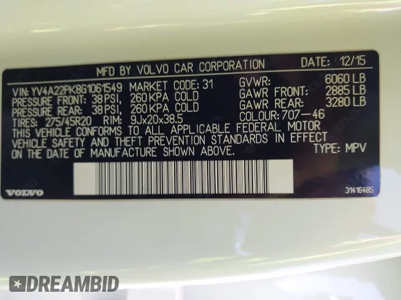 ✅ 2016 Volvo XC90 T6 Momentum • VIN: YV4A22PK8G1061549 • Лот: 41210792. Опубликован ранее на IAAI с пробегом 138 233 миль. Бесплатный доступ к архиву аукционных продаж из США и подробный отчёт об истории автомобиля на DreamBid. Изображение 9.