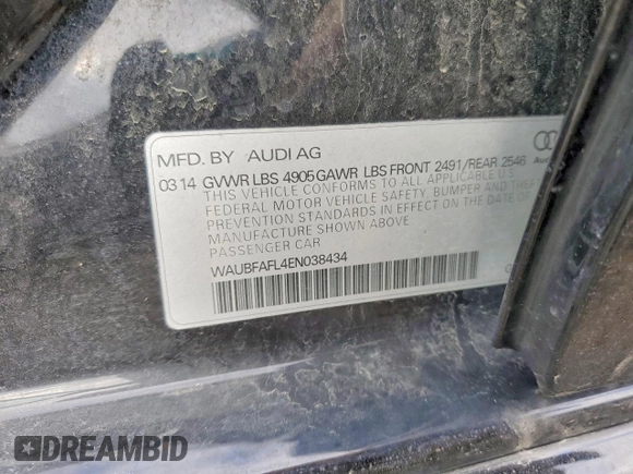 ✅ 2014 Audi A4 Premium • VIN: WAUBFAFL4EN038434 • Lot: 72317685. Wystawiony na Copart z przebiegiem 118 833 mil. Bezpłatny archiwum sprzedaży aukcyjnych z USA i szczegółowy raport historii pojazdu na DreamBid. Zdjęcie 12.