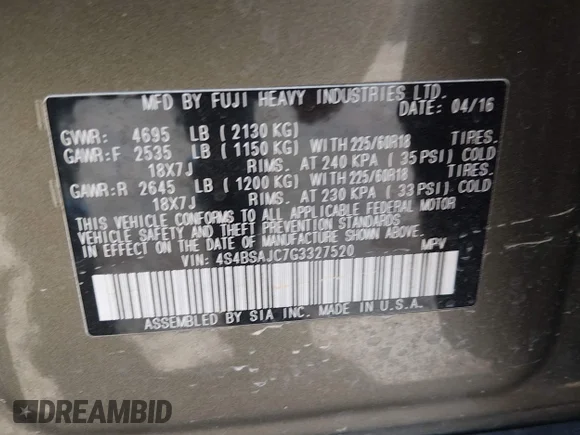 ✅ 2016 Subaru Outback Limited • VIN: 4S4BSAJC7G3327520 • Лот: 44953194. Опубликован ранее на IAAI с пробегом 124 931 миль. Бесплатный доступ к архиву аукционных продаж из США и подробный отчёт об истории автомобиля на DreamBid. Изображение 9.