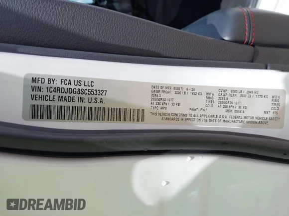 ✅ 2025 Dodge Durango GT • VIN: 1C4RDJDG8SC553327 • Лот: 45226203. Опубліковано раніше на IAAI з пробігом 21 721 миль. Безкоштовний доступ до архіву аукціонних продажів зі США та докладний звіт про історію автомобіля на DreamBid. Зображення 9.