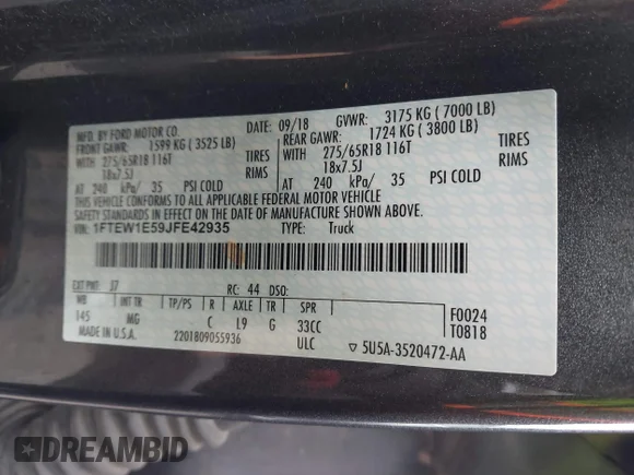 ✅ 2018 Ford F-150 XL • VIN: 1FTEW1E59JFE42935 • Лот: 44392475. Опубліковано раніше на IAAI з пробігом 180 361 миль. Безкоштовний доступ до архіву аукціонних продажів зі США та докладний звіт про історію автомобіля на DreamBid. Зображення 9.