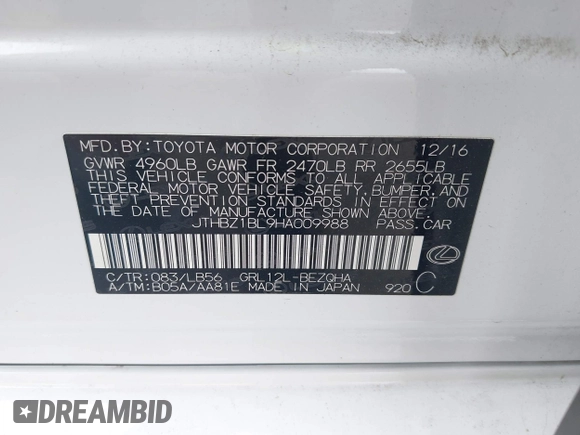 ✅ 2017 Lexus GS 350 • VIN: JTHBZ1BL9HA009988 • Lot: 42153562. Listed on IAAI with 156,010 mi. Free auction sales archive from the USA and detailed vehicle history report at DreamBid. Image 9.