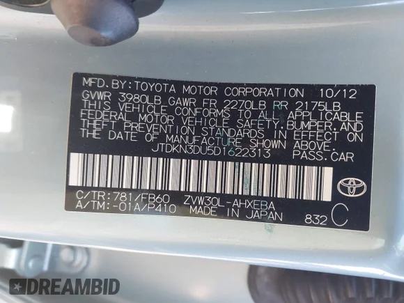 ✅ 2013 Toyota Prius Four • VIN: JTDKN3DU5D1622313 • Lot: 44306839. Wystawiony na IAAI z przebiegiem 179 252 mil. Bezpłatny archiwum sprzedaży aukcyjnych z USA i szczegółowy raport historii pojazdu na DreamBid. Zdjęcie 9.