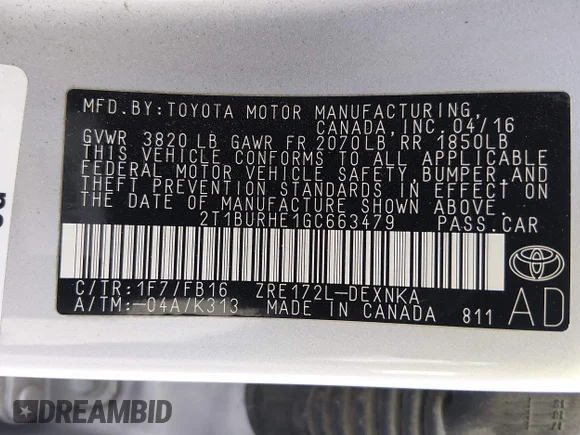 ✅ 2016 Toyota Corolla S Plus • VIN: 2T1BURHE1GC663479 • Lot: 44915360. Listed on IAAI with 92,136 mi. Free auction sales archive from the USA and detailed vehicle history report at DreamBid. Image 9.