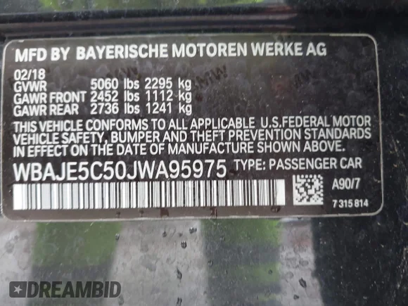 ✅ 2018 BMW 5 Series 540i • VIN: WBAJE5C50JWA95975 • Lot: 44906842. Wystawiony na IAAI z przebiegiem 62 801 mil. Bezpłatny archiwum sprzedaży aukcyjnych z USA i szczegółowy raport historii pojazdu na DreamBid. Zdjęcie 9.