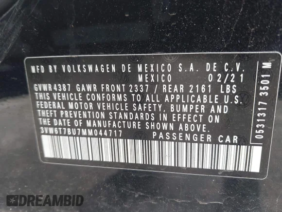 ✅ 2021 Volkswagen Jetta S • VIN: 3VW6T7BU7MM044717 • Lot: 44731441. Wystawiony na IAAI z przebiegiem 34 309 mil. Bezpłatny archiwum sprzedaży aukcyjnych z USA i szczegółowy raport historii pojazdu na DreamBid. Zdjęcie 9.
