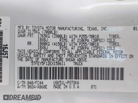 ✅ 2014 Toyota Tundra SR5 • VIN: 5TFEY5F12EX158611 • Lot: 45142554. Wystawiony na IAAI z przebiegiem 321 937 mil. Bezpłatny archiwum sprzedaży aukcyjnych z USA i szczegółowy raport historii pojazdu na DreamBid. Zdjęcie 9.