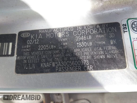 ✅ 2012 Kia Forte SX • VIN: KNAFW5A30C5600973 • Lot: 43423908. Listed on IAAI with 217,311 mi. Free auction sales archive from the USA and detailed vehicle history report at DreamBid. Image 9.