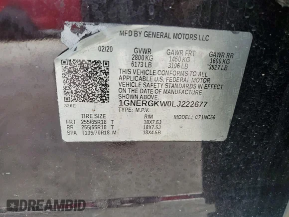 ✅ 2020 Chevrolet Traverse LT Cloth • VIN: 1GNERGKW0LJ222677 • Lot: 56190966. Wystawiony na Copart z przebiegiem 152 544 mil. Bezpłatny archiwum sprzedaży aukcyjnych z USA i szczegółowy raport historii pojazdu na DreamBid. Zdjęcie 13.