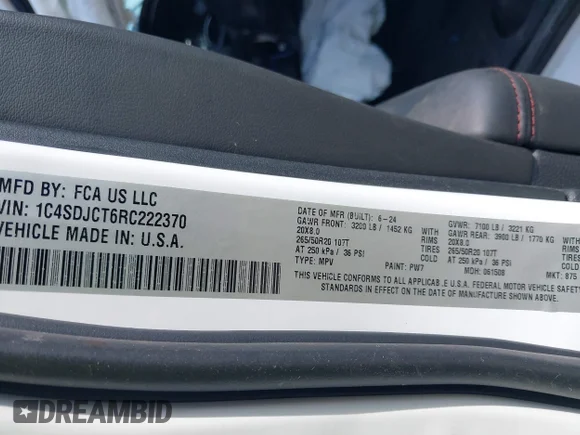 ✅ 2024 Dodge Durango R/T Plus • VIN: 1C4SDJCT6RC222370 • Лот: 42559660. Опубліковано раніше на IAAI з пробігом 5 831 миль. Безкоштовний доступ до архіву аукціонних продажів зі США та докладний звіт про історію автомобіля на DreamBid. Зображення 9.