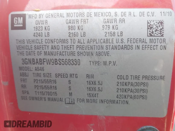 ✅ 2011 Chevrolet HHR 1LT • VIN: 3GNBABFW9BS568330 • Lot: 42930865. Wystawiony na IAAI z przebiegiem 65 355 mil. Bezpłatny archiwum sprzedaży aukcyjnych z USA i szczegółowy raport historii pojazdu na DreamBid. Zdjęcie 9.