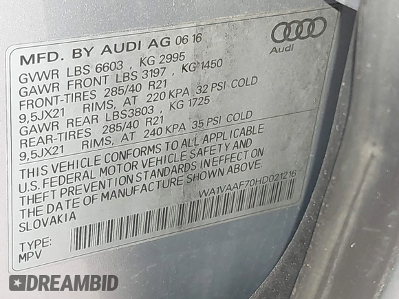 ✅ 2017 Audi Q7 Prestige • VIN: WA1VAAF70HD021216 • Lot: 44149481. Wystawiony na IAAI z przebiegiem 100 573 mil. Bezpłatny archiwum sprzedaży aukcyjnych z USA i szczegółowy raport historii pojazdu na DreamBid. Zdjęcie 9.